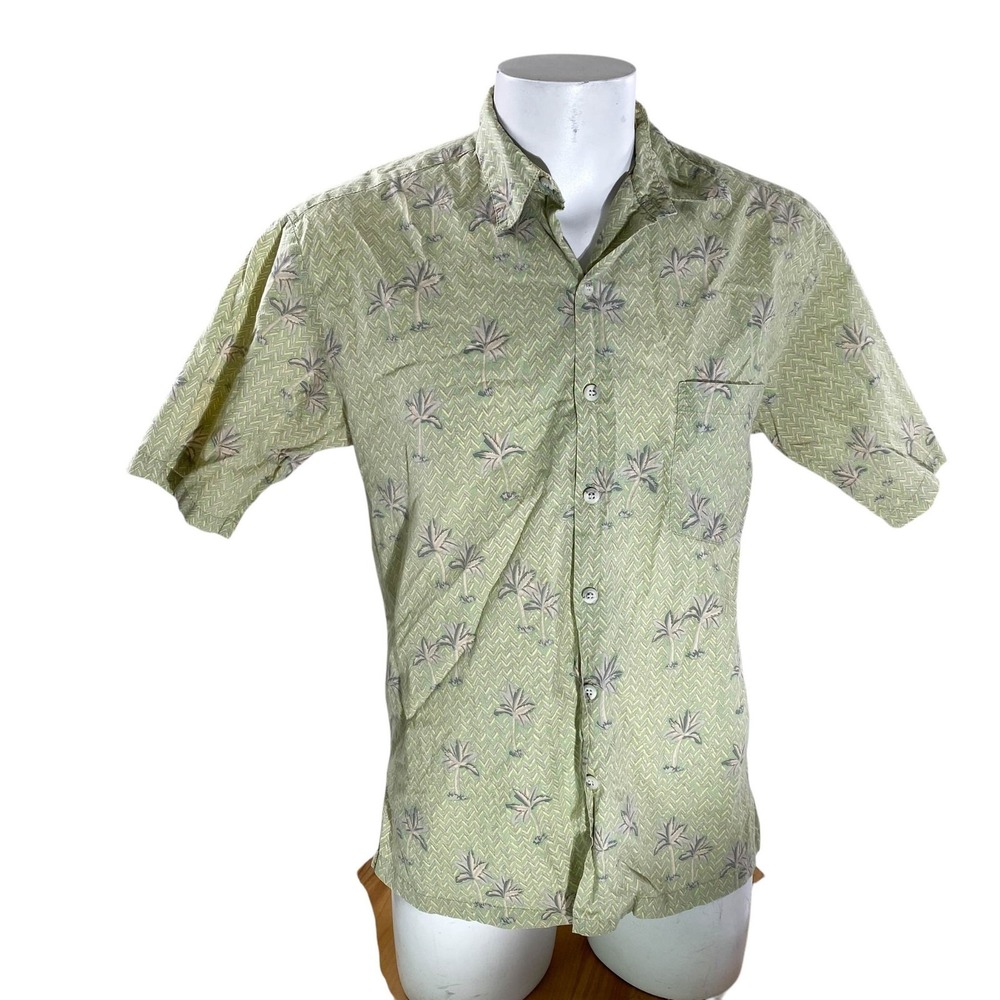 Cooke Street Hawaiian Aloha Shirt Medium‎ Palm Trees Floral Geometric Pale Green